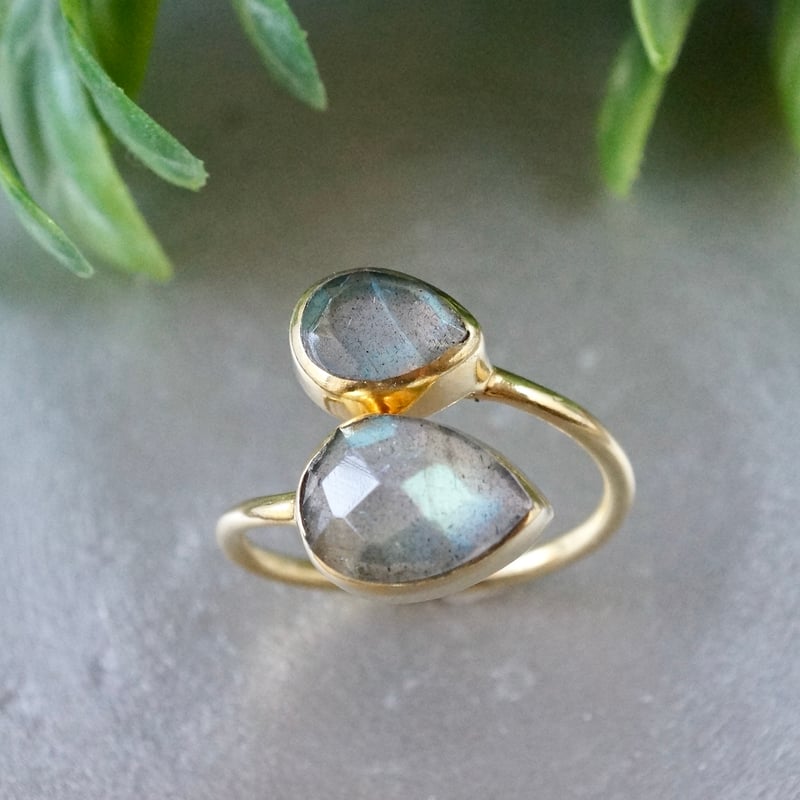 ラブラドライト ダブルしずくリング 18kゴールドプレーテッド シルバー