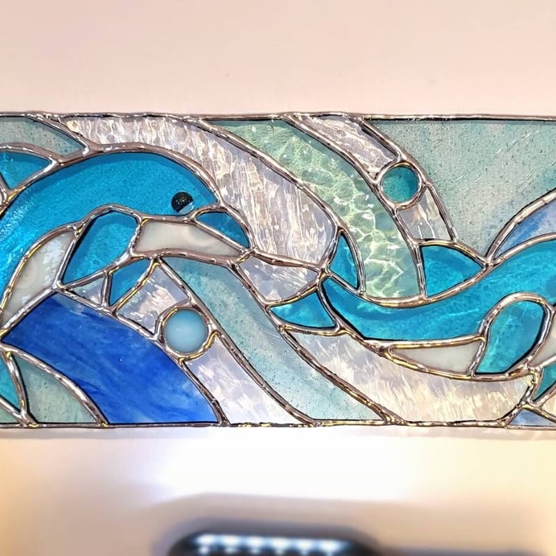 ステンドグラス パネル 立て掛け 「イルカのカップル ☆海のパネル