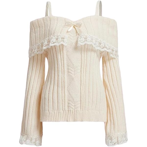Women Y2K Off Shoulder Top Sweater Long Sleeve Lace Trim Knitted