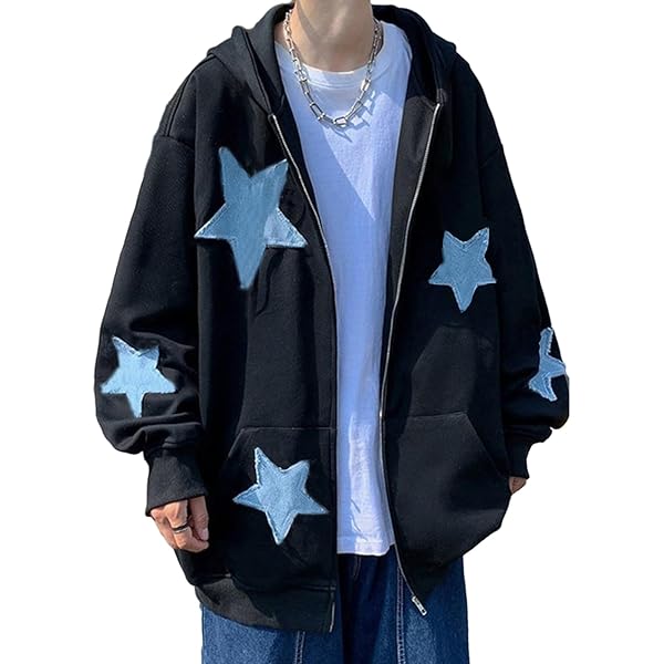 CEINOM Men's Star Patch Zip Up Hoodie for Men Women Graphic