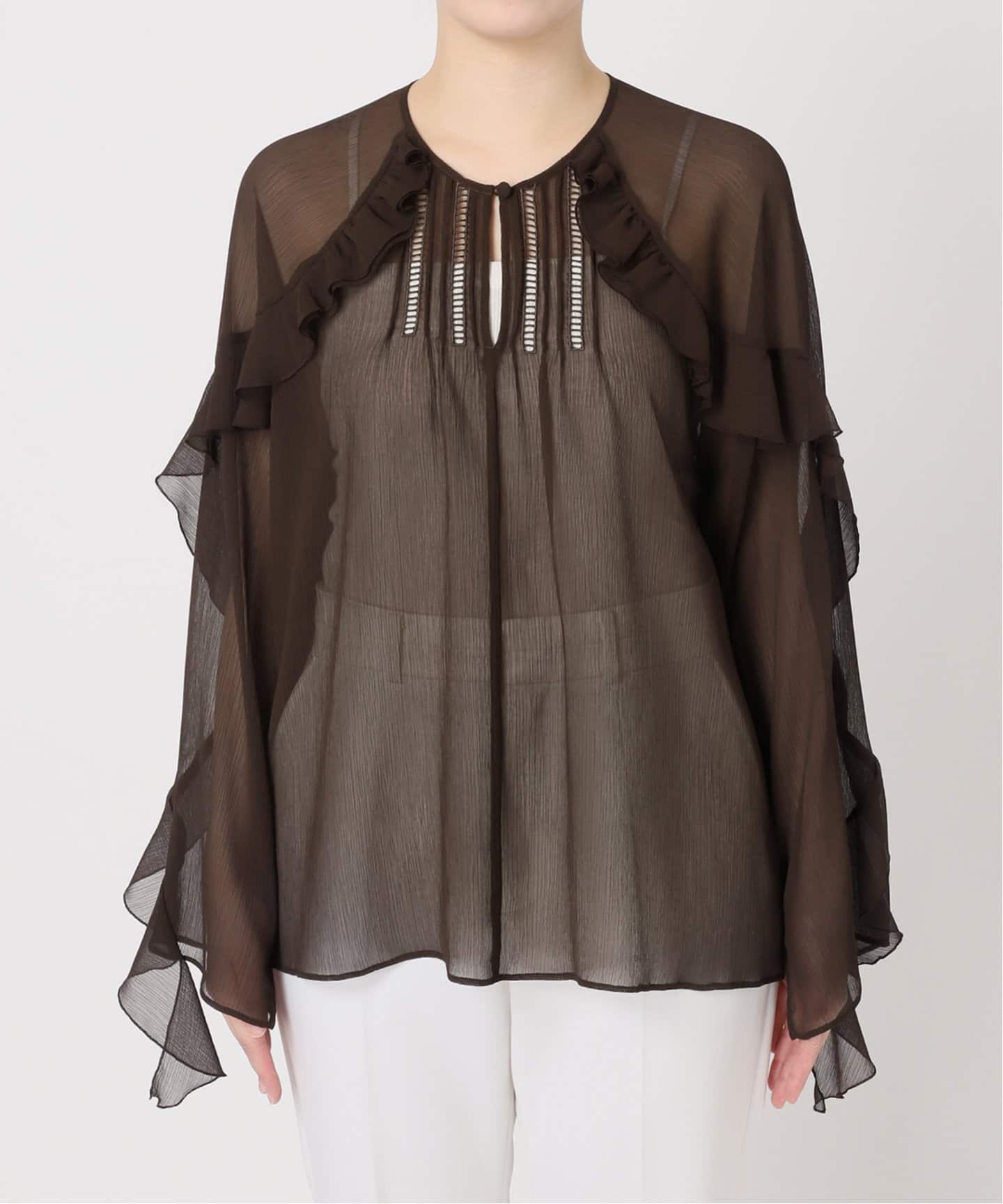 追加》【NOBLE×L'AUBE BLANC】楊柳フリル梯子刺繍ブラウス（シャツ