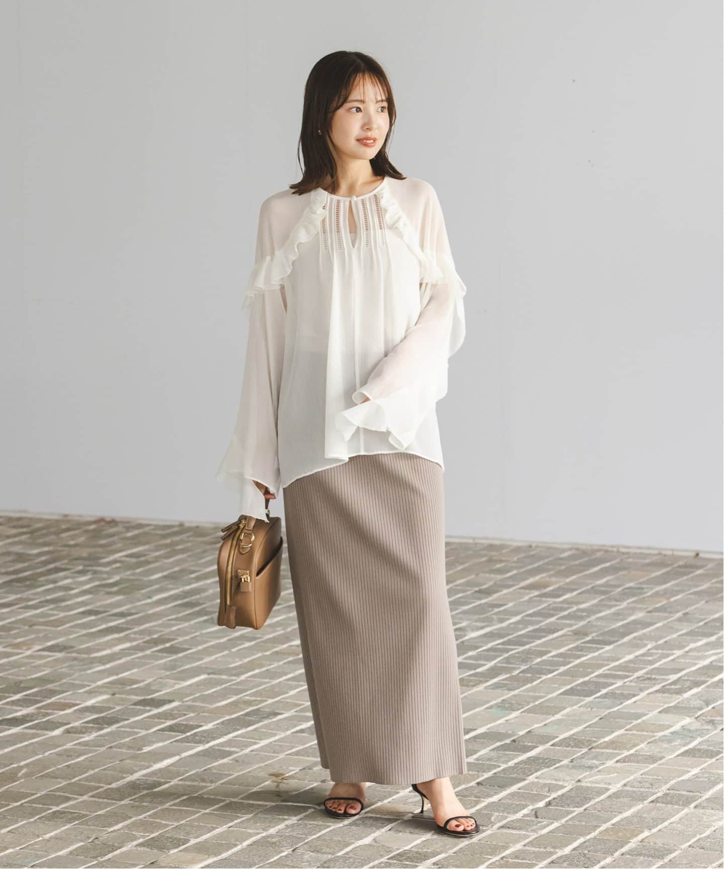 追加》【NOBLE×L'AUBE BLANC】楊柳フリル梯子刺繍ブラウス（シャツ