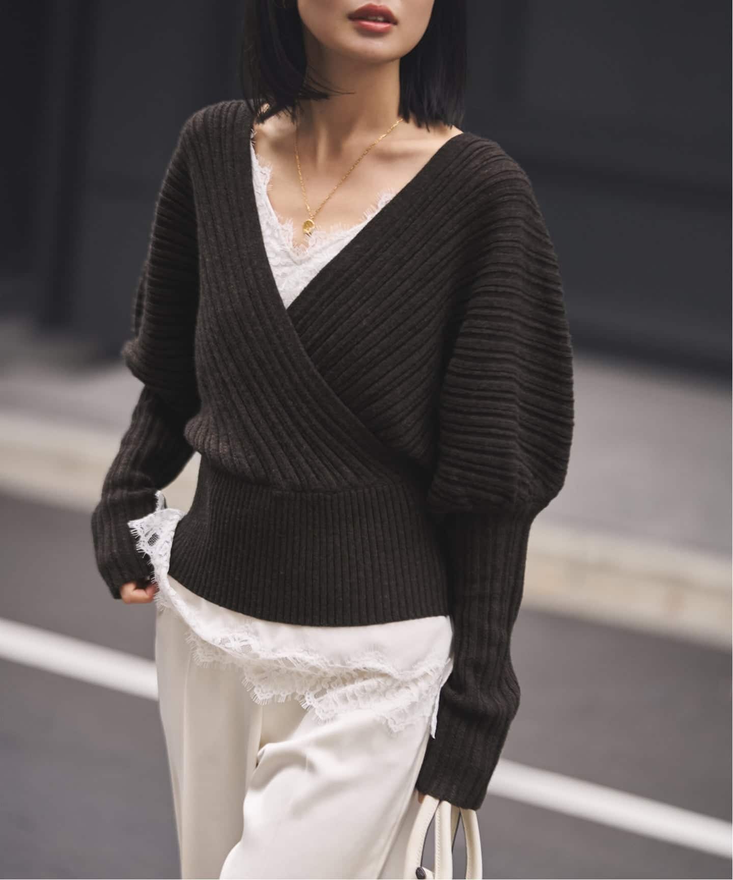 カシュクールランダムリブニットプルオーバー（ニット／セーター