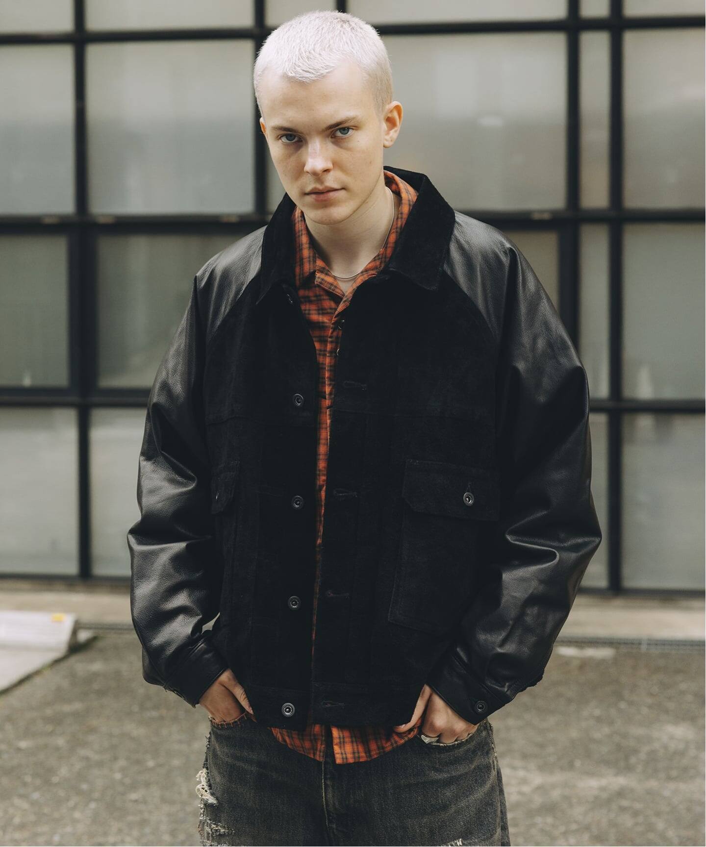 A LEATHER × JOURNAL STANDARD COMBI TRUCKER JACKET（レザー