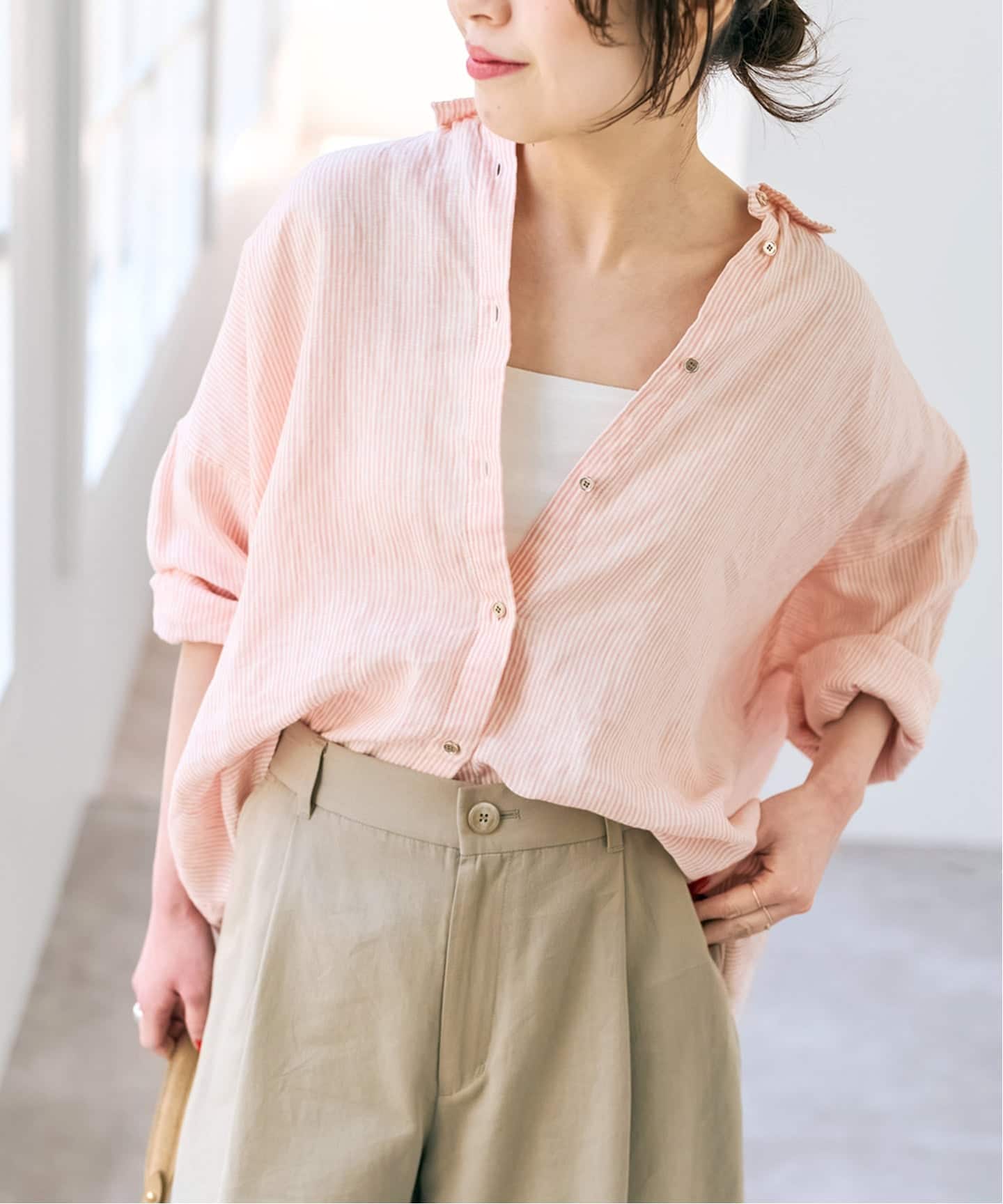 ゆったりサイズ》追加予約 80リネンカシュクール ビッグシャツ（シャツ