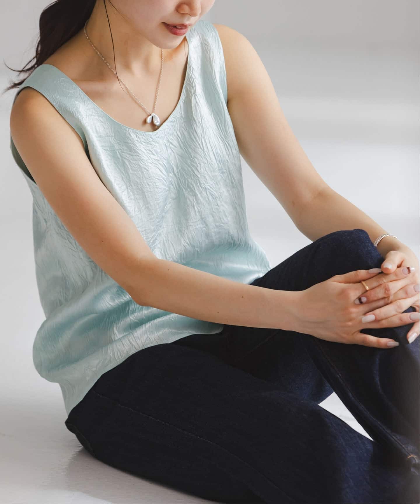 セットアップ対応》リンクルサテン2WAYタンク（シャツ／ブラウス