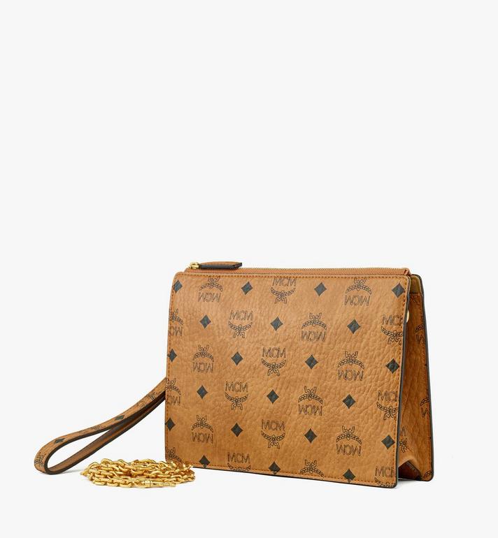 Small Wristlet Standing Pouch With Chain Strap in Visetos Cognac