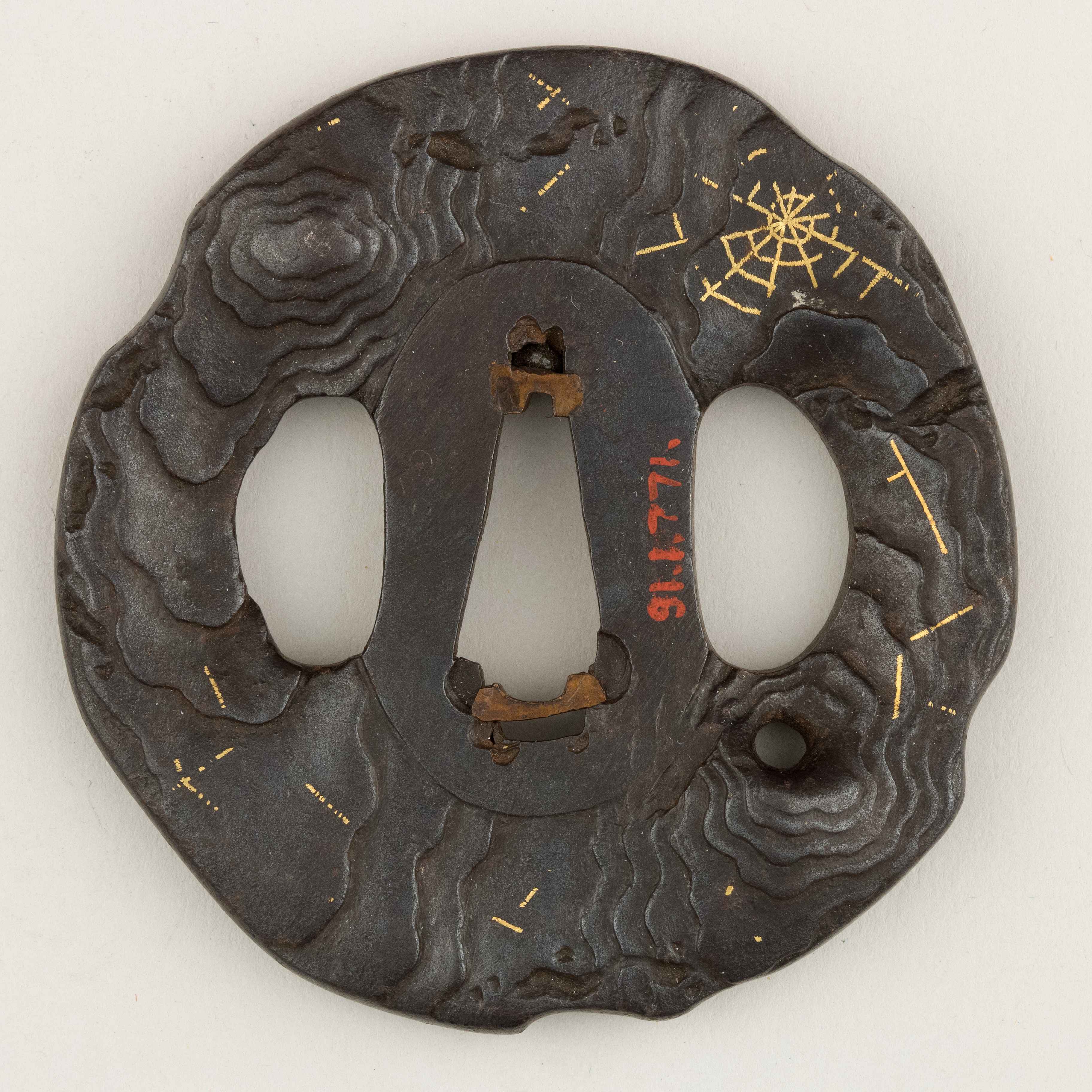 Sword Guard (Tsuba) Depicting Spider Web on Dead Tree (枯木に蜘蛛