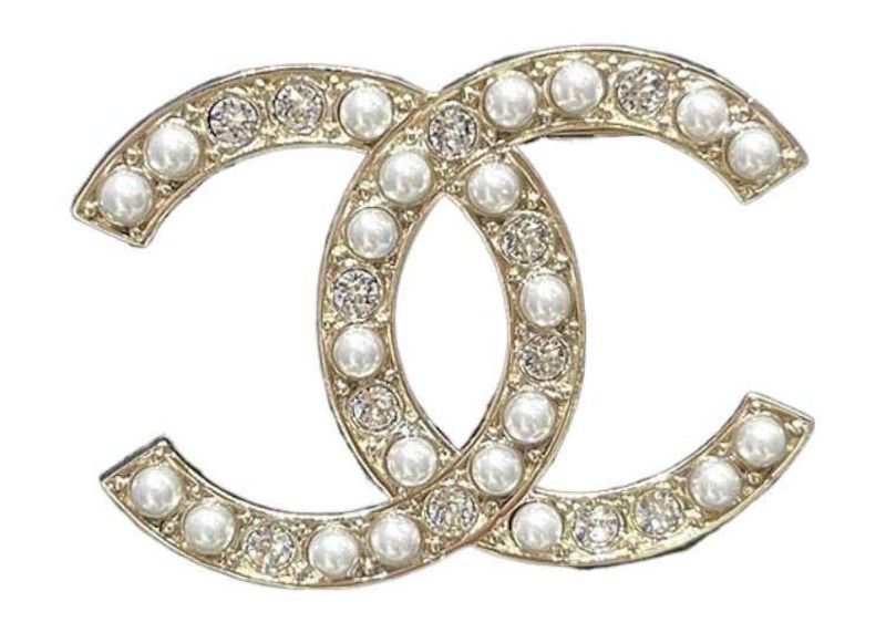 Chanel Pearl & Crystal CC Logo Brooch Gold/Pearl (ABB779) in Metal