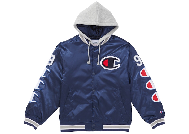 Supreme Champion Hooded Satin Varsity Jacket Navy Men's - FW18 - US
