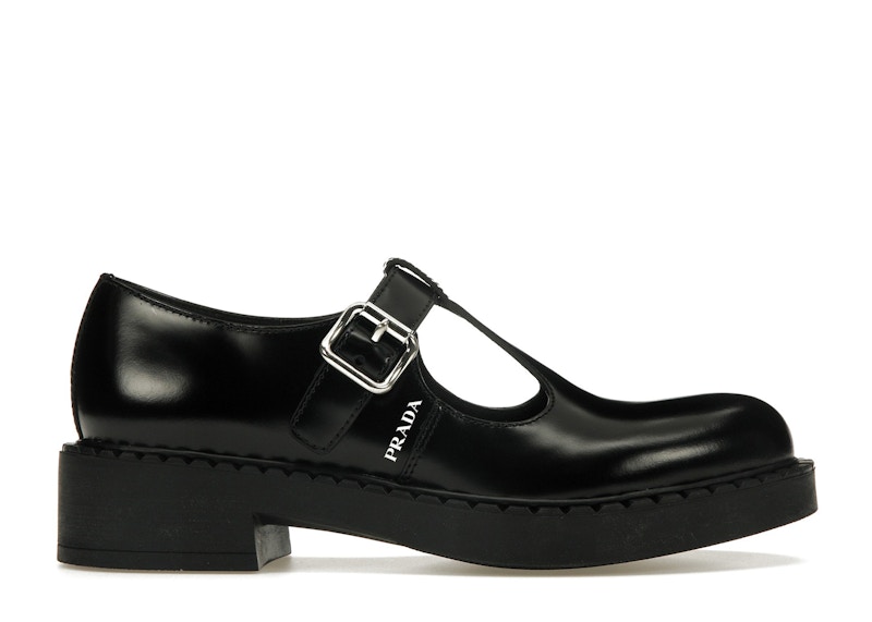 Prada Mary Jane 50mm T-Strap Shoe Black Brushed Leather