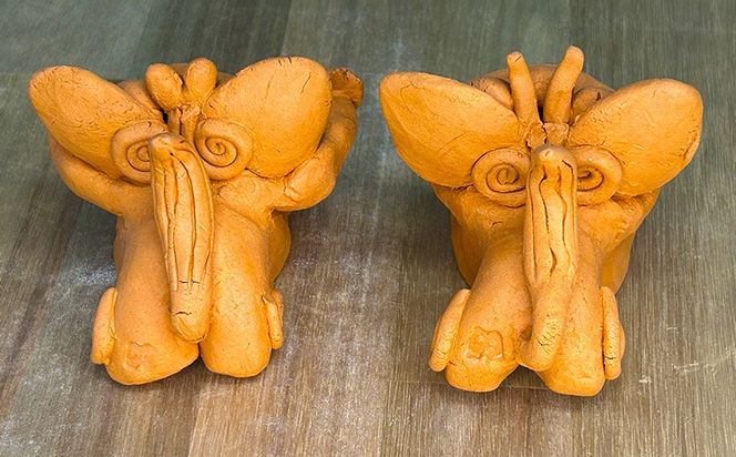 手びねり】 お支えシーサーペア 日用品 インテリア 小物 置物 1対 陶器