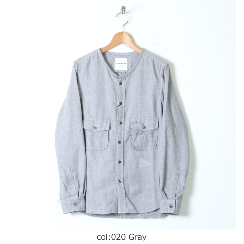 and wander (アンドワンダー) thermonel collarless shirt / サーモ