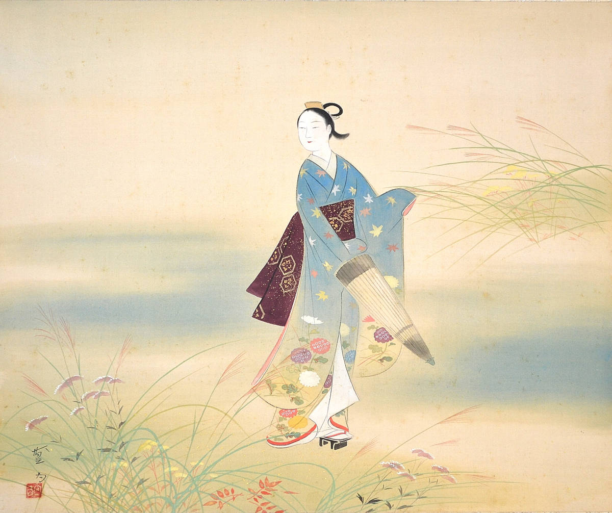 真作/桜松園/櫻松園/富士に人物画賛/絹表装/桐箱二重箱付/布袋屋掛軸HI