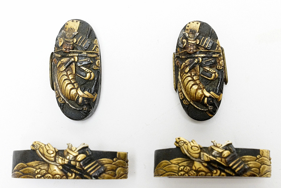 f-160 赤銅魚魚子地 縁頭 源平合戦の図☆古