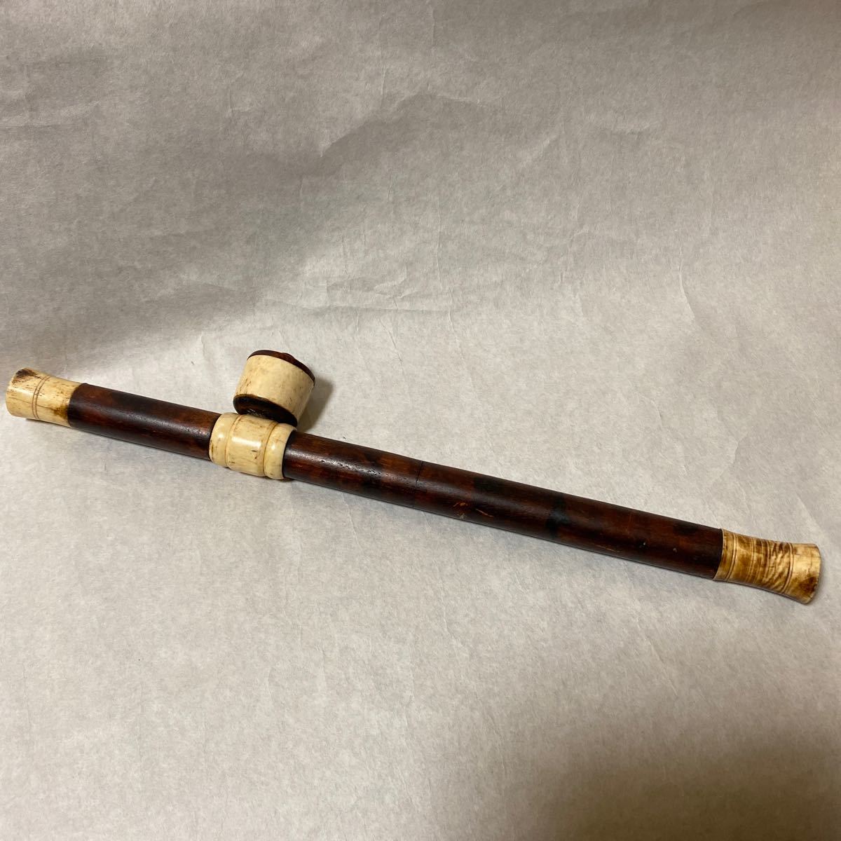 珍品時代物中国美術 阿片パイプ 骨彫細工 人物 銘木 紫檀 唐木 アヘン