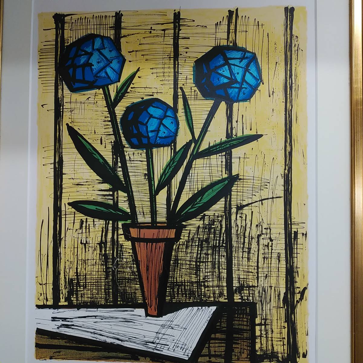 リトグラフ版画 ベルナールビュフェ 「青い花とランプ」 リトグラフ