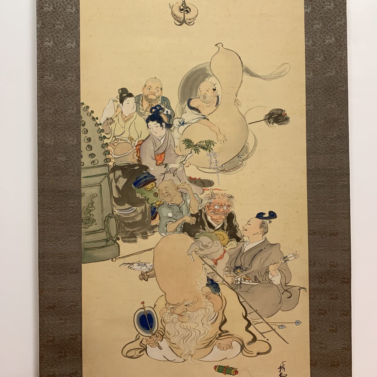 尾竹越堂筆 布袋之図 絹本肉筆 掛軸 越堂自題共箱 送料込み250824 尾