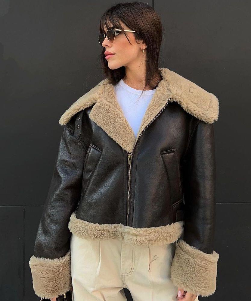 ZARA BROWN DOUBLE-FACED FAUX LEATHER SHEARLING FUR CUFF CROP