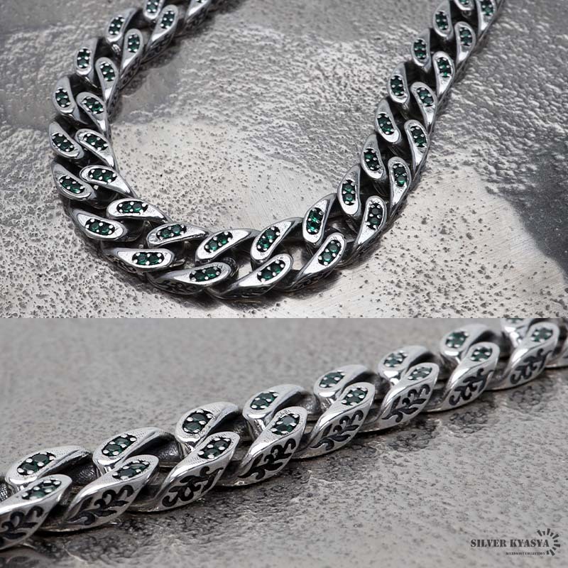 シルバー925 喜平ネックレス パヴェネックレス エメラルド グリーン