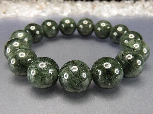 グリーンルチルクォーツ大玉約14mm強満タン透明度無し天然石