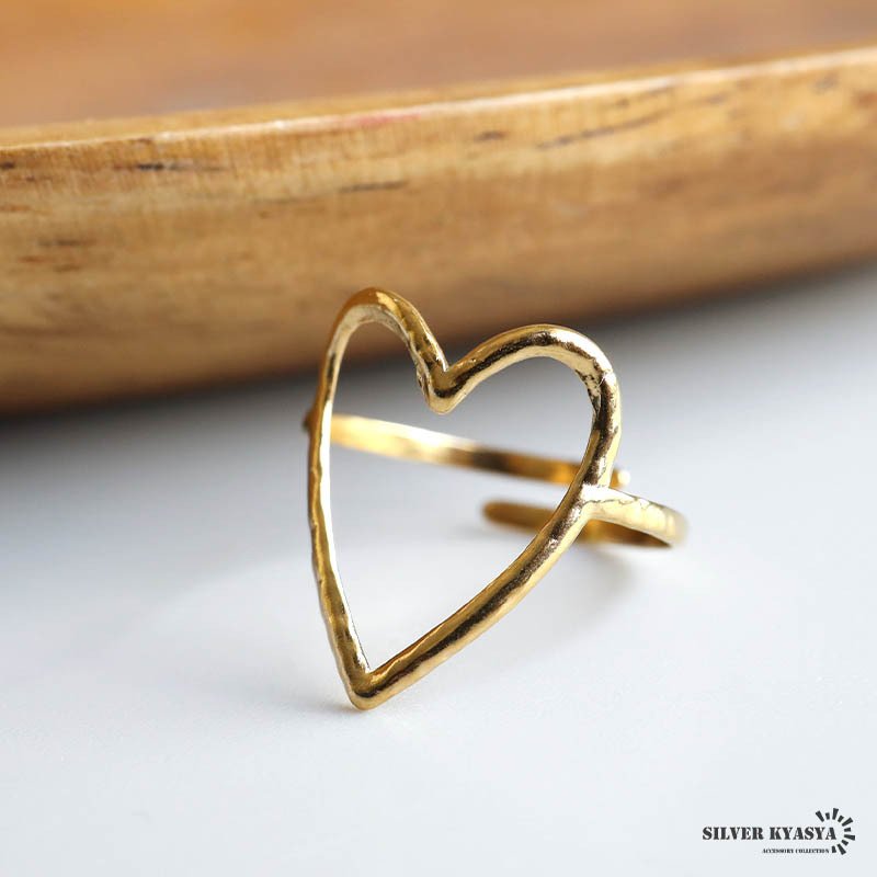 ステンレス ハートリング 透かしリング 細身 華奢 槌目 オープンリング