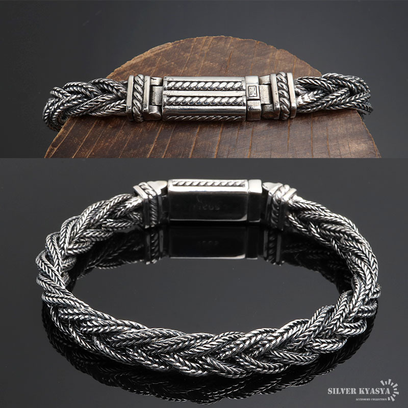 シルバー925 編み込みブレスレット メンズ チェーンブレスレット