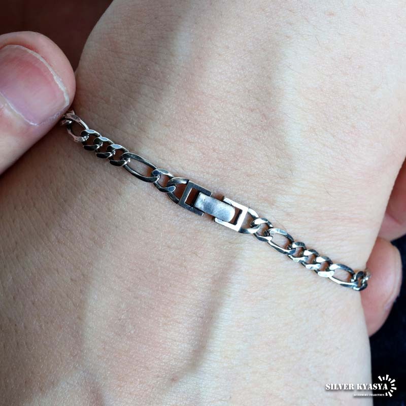 シルバー925 チェーンブレスレット 中折れ フィガロチェーン