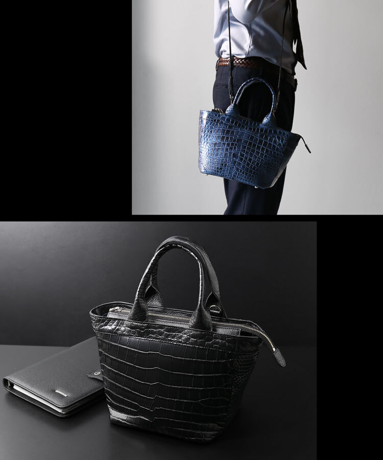 クロコダイル ミニトートバッグ メンズ 日本製 本革 ショルダー 2WAY