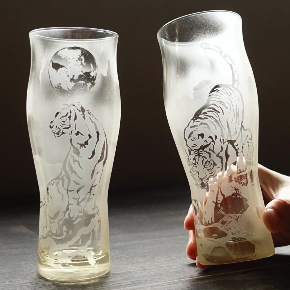 虎グラス ペアセット 木箱入り ペアグラス 砂彫り アート 日本製