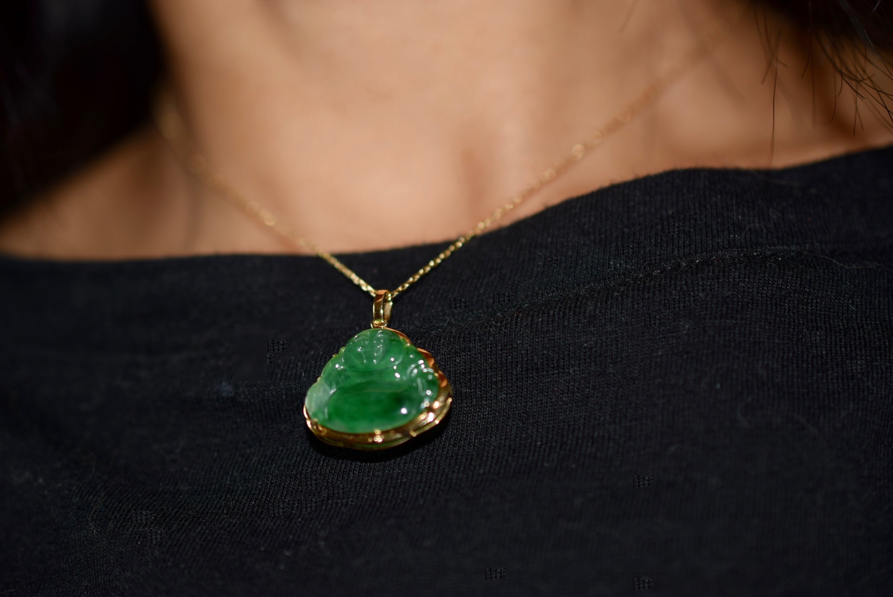 847 現品 k18金 天然 陽緑 本翡翠 ネックレス みろくぼさつ ペンダント