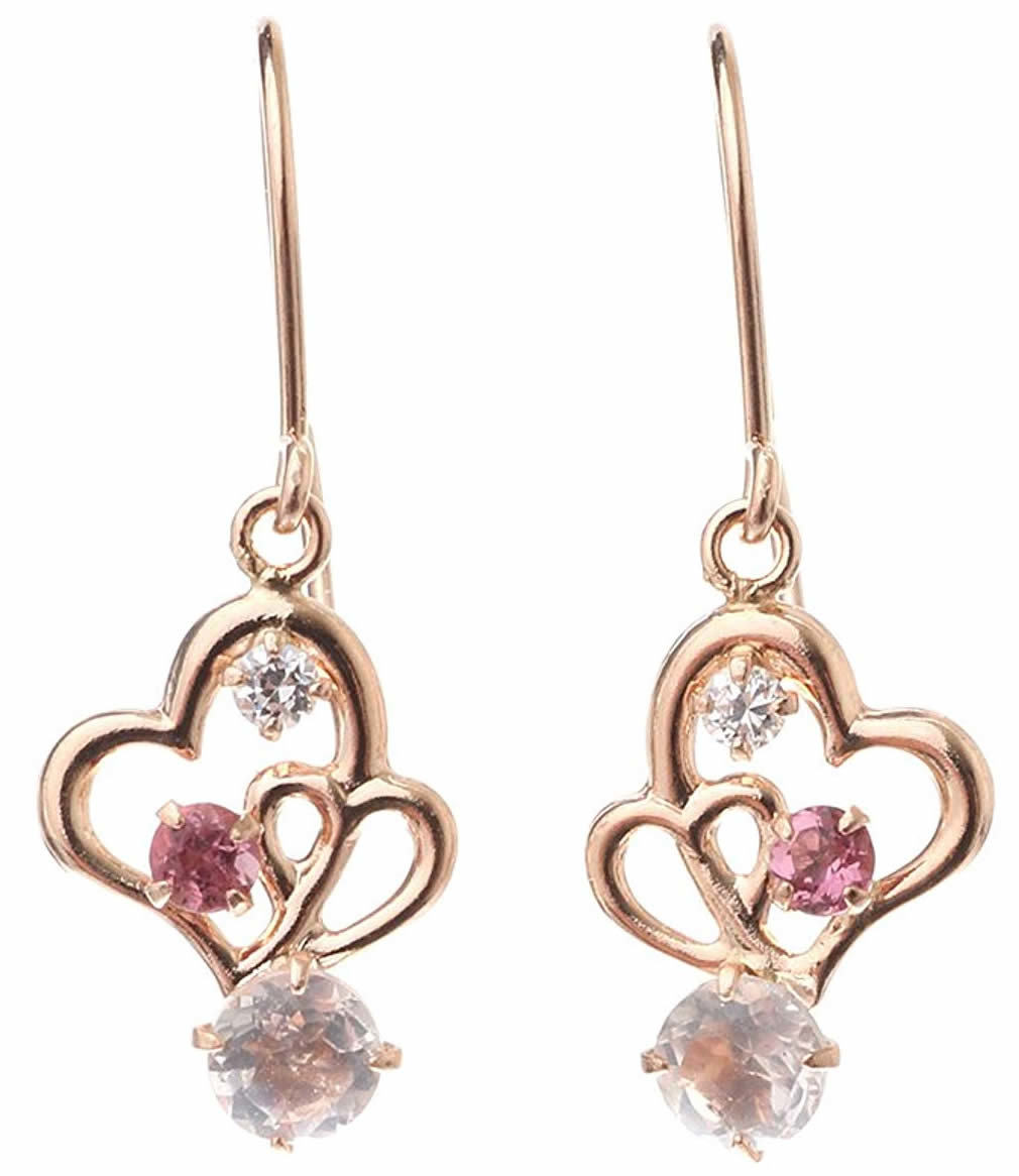 ローズクォーツ ピンクトルマリン フックピアス 揺れる CZ 10金 ピンク