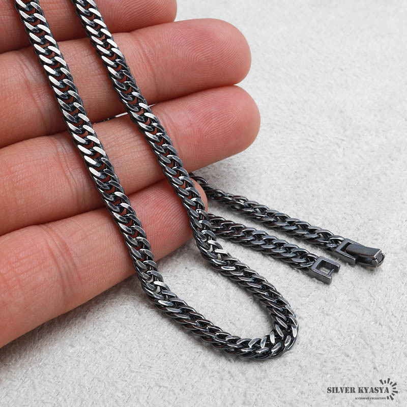 シルバー925 ブラック ダブル喜平チェーン ネックレス 黒 燻し加工 幅