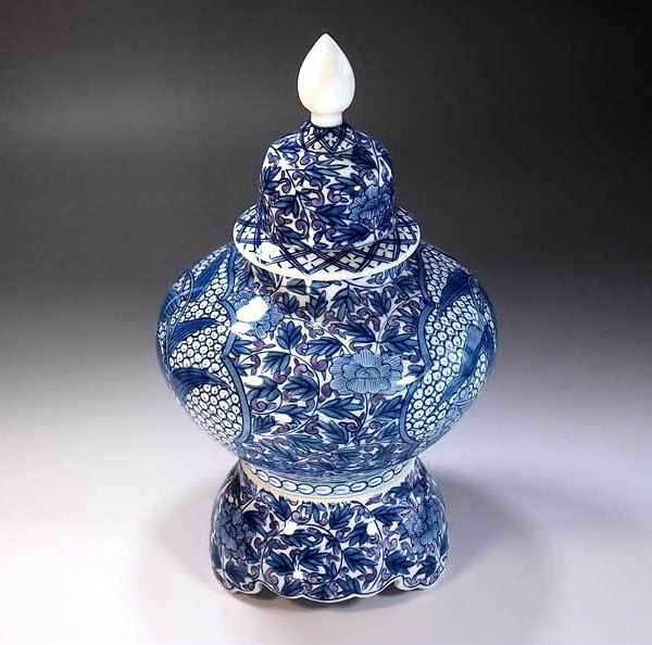 有田焼 陶芸家 藤井錦彩作】有田焼美術品 染錦唐草牡丹割鶉雀絵飾り