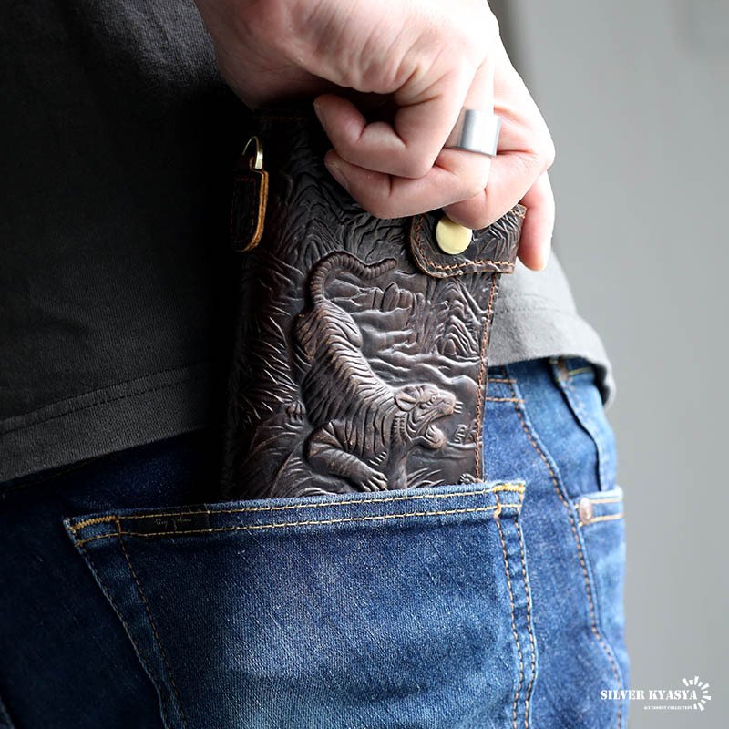 レザーウォレット メンズ 虎 タイガー 浮彫り 長財布 本革 馬革 コード