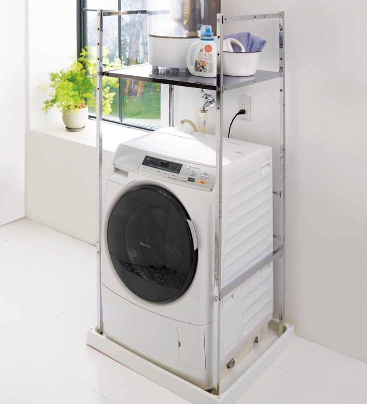 乾燥機も置ける天板頑丈ランドリーラック 幅61～80奥行57高さ155cm「訳