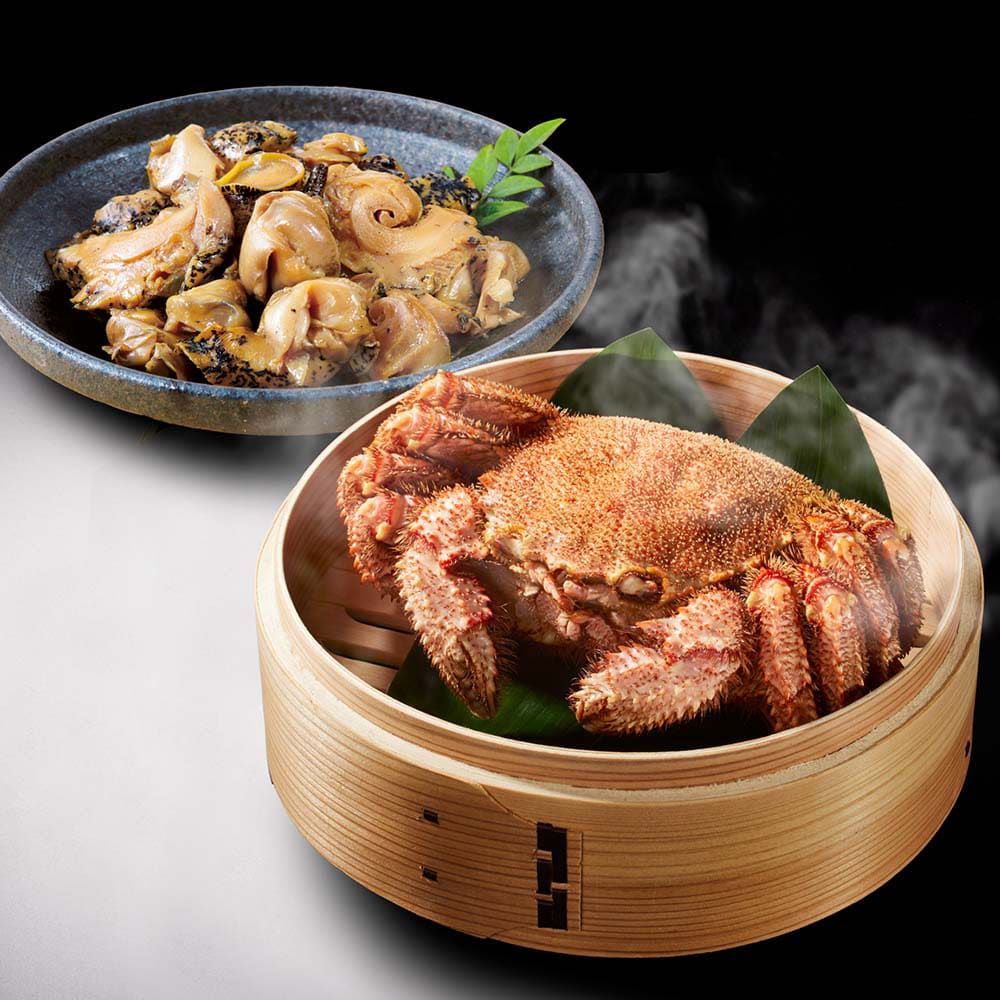 北海道グルメ】北海道産蒸し毛ガニとえりも産灯台つぶ柔らか煮セット