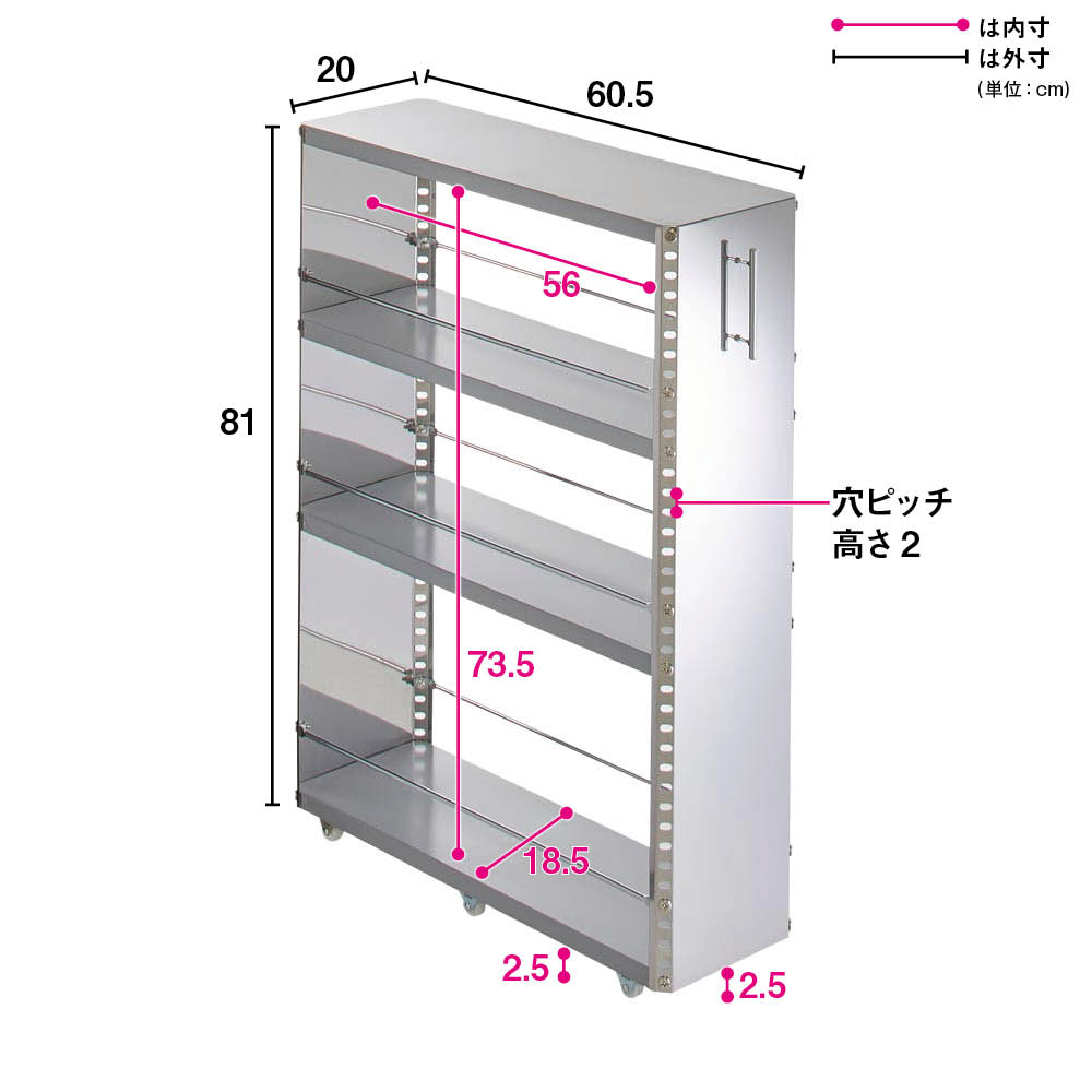 幅20奥行60.5高さ81cm］ ステンレス製キッチンすき間収納ワゴン 日本製