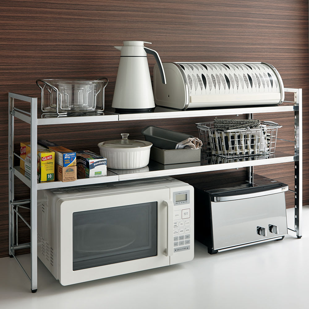 調理家電が置ける頑丈ステンレス伸縮天板ラック 2段ワイドタイプ 通販