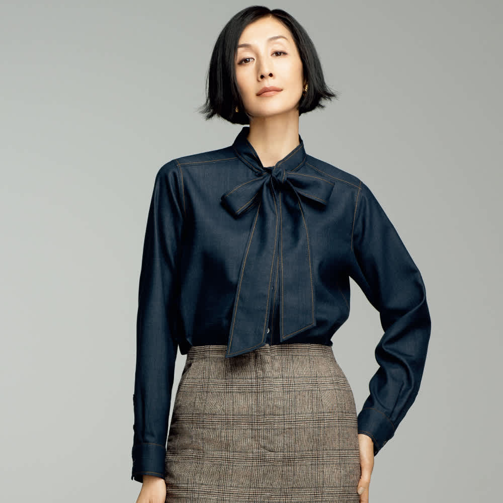 ウール混デニム風 ボウタイ ブラウス 通販 - ディノス