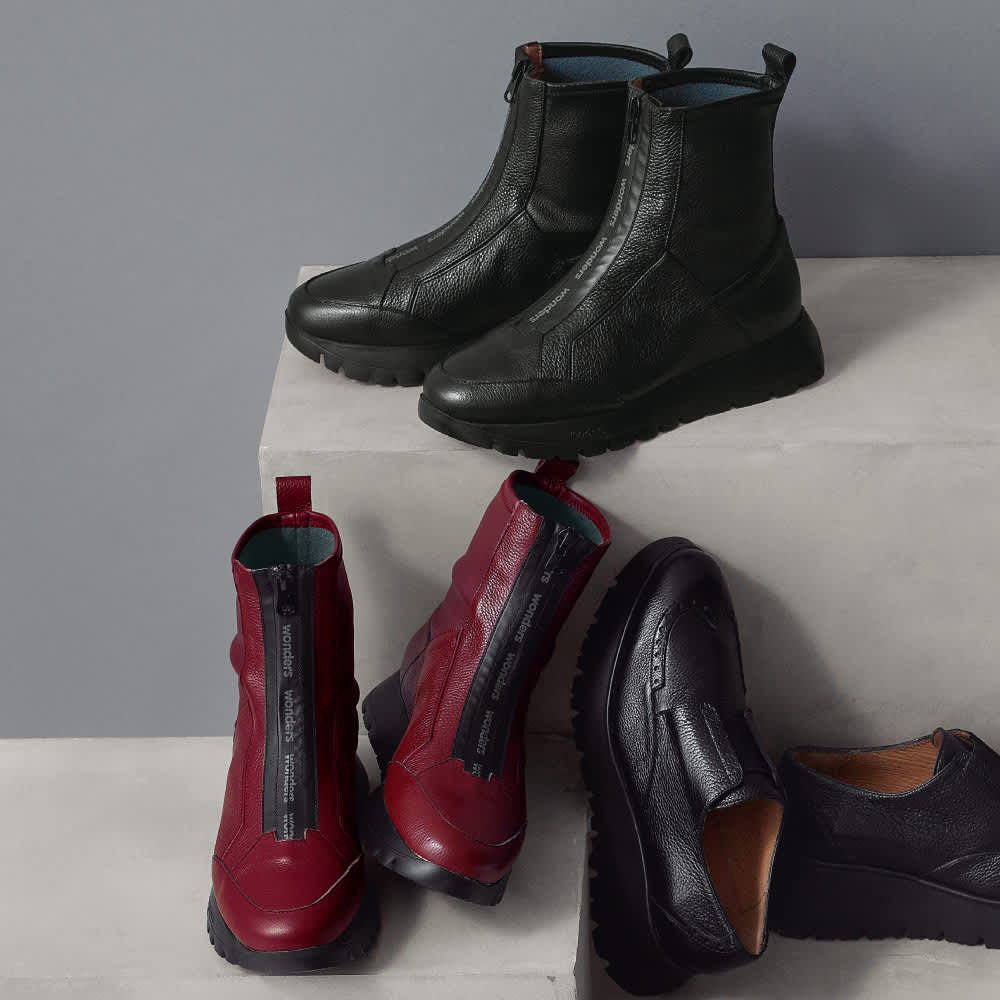 wonders/ワンダース フロントジップ ストレッチ ショートブーツ