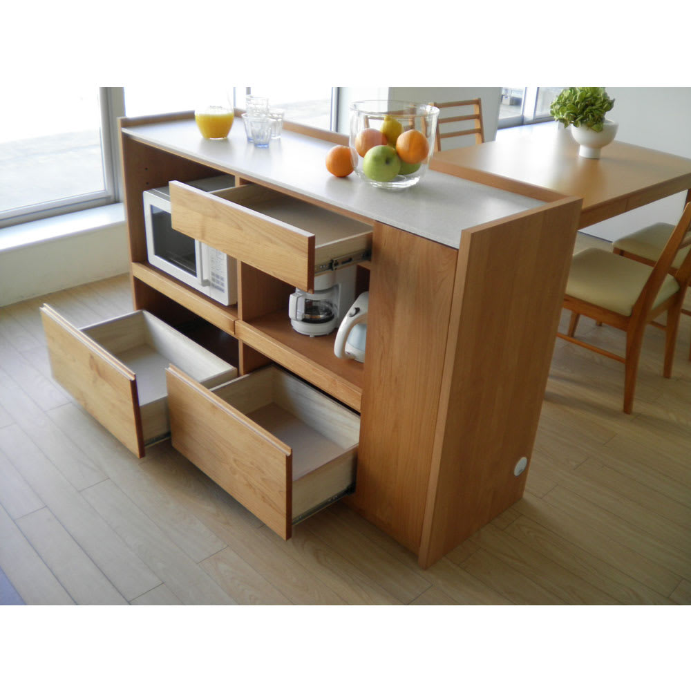 アルダー天然木人工大理石トップ 間仕切り家電収納キッチンカウンター