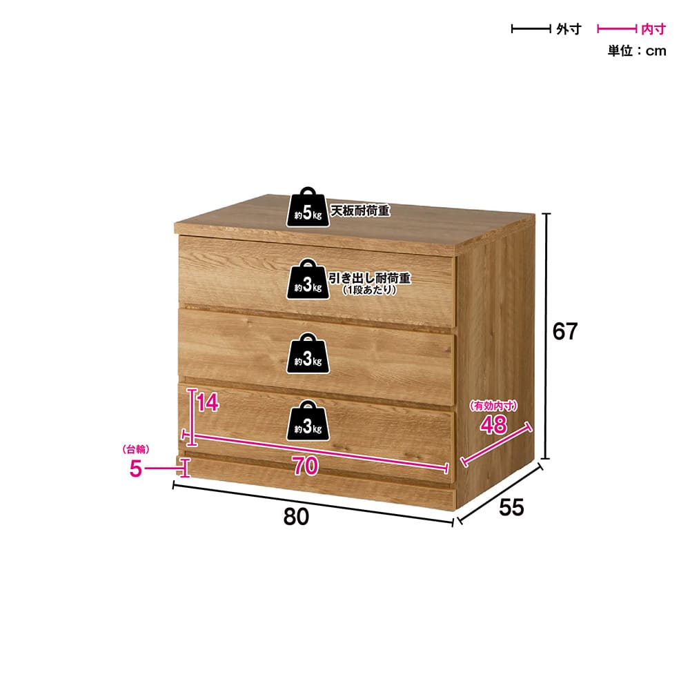 隠しキャスター付きチェスト 3段・高さ67cm幅80cm奥行55cm 通販 - ディノス