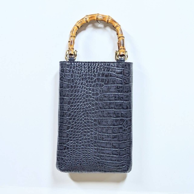 ◇ 牛革クロコ型押し バンブー手提げ 紺色 ◇神輿祭りバッグ合切す袋三
