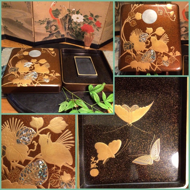特別出品】光琳蒔絵 硯箱 文房具 総梨地 一対鶉蒔絵 螺鈿細工 1合（共