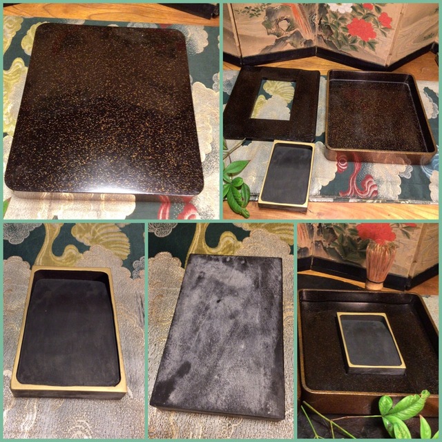 特別出品】光琳蒔絵 硯箱 文房具 総梨地 一対鶉蒔絵 螺鈿細工 1合（共