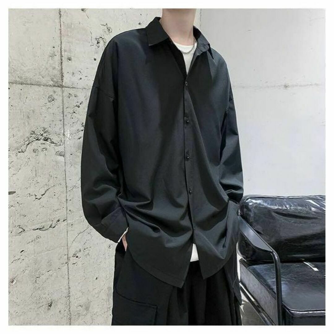 メンズ シャツ 長袖 涼しい オーバーサイズ サテン 黒 シャツ 韓国 L