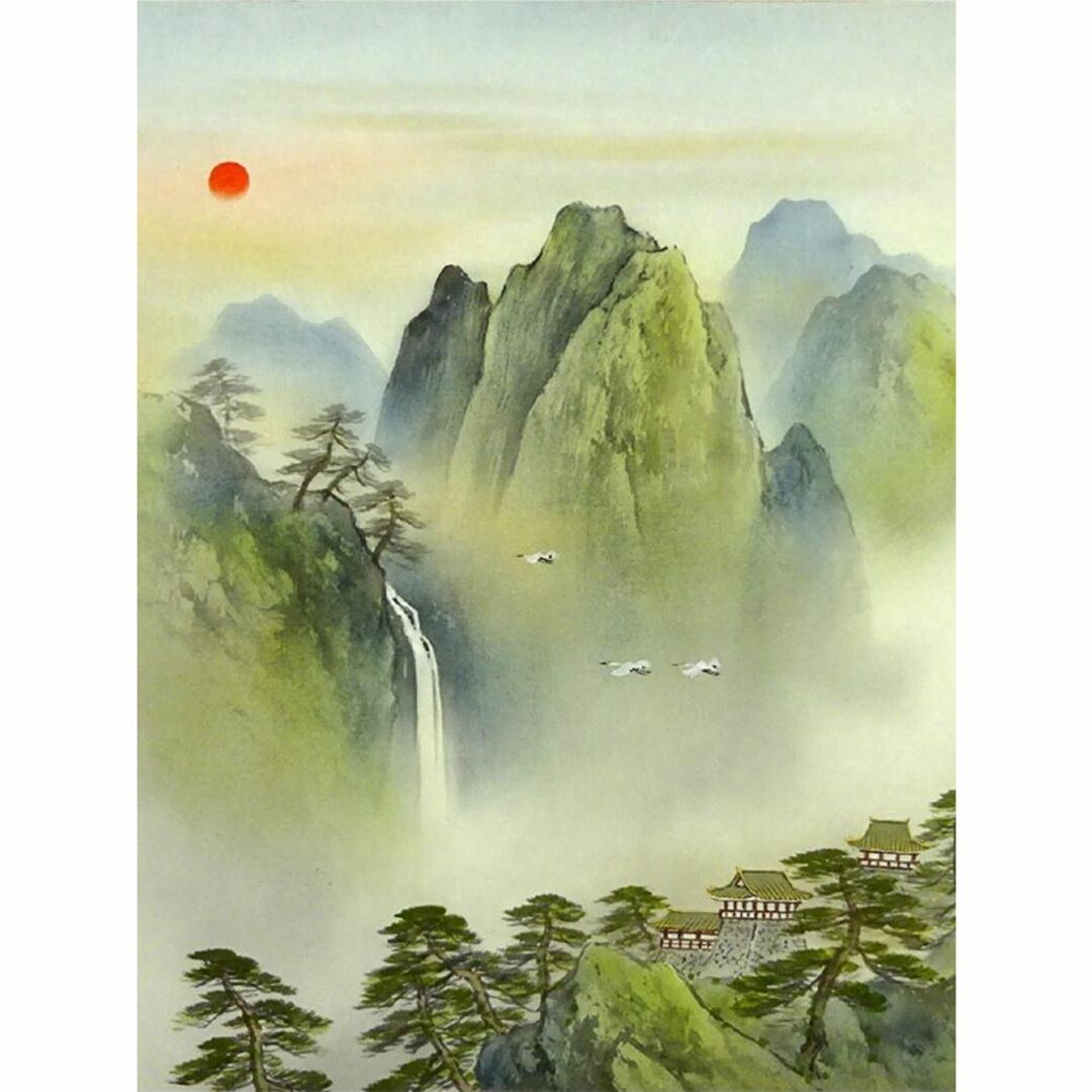 真作】掛軸 吉井春堂『蓬莱山図』日本画 絹本 共箱付 掛け軸 a07027の