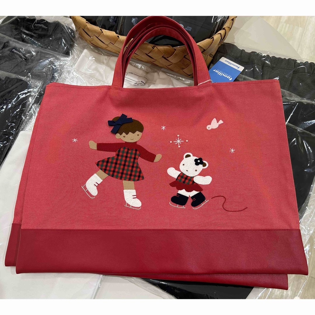 美品ファミリア familiar 赤デニムバッグ 赤 レッスンバッグ デニム