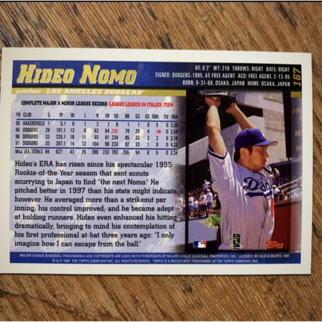 送料込】野茂英雄投手のTopps1997#167野球カード！第一期ドジャースの